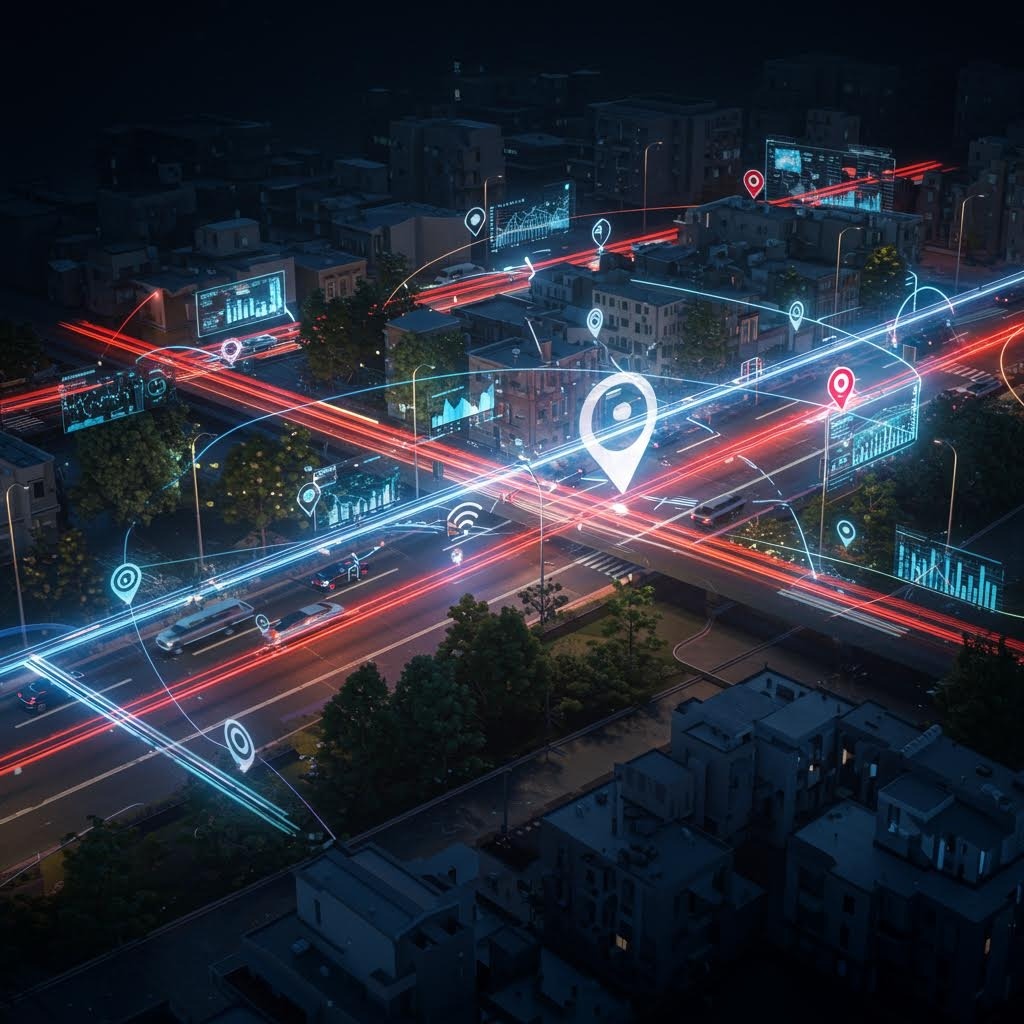 위치 마커, 데이터 패널 및 차량 궤적 추적이 표시된 야간 도시 교차로의 조감도