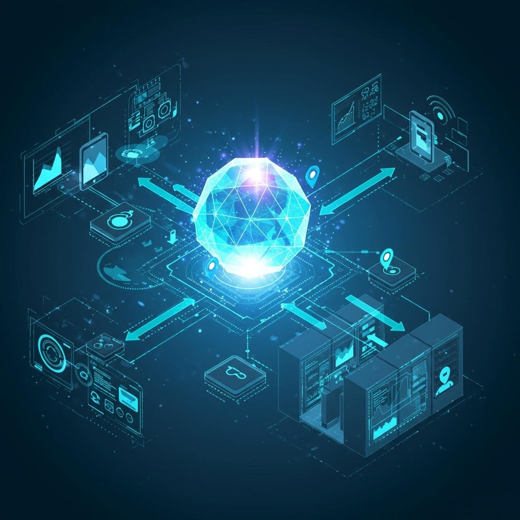 데이터 패널과 분석 인터페이스가 주변을 둘러싸고 있는 중앙의 빛나는 다각형 구체가 있는 미래형 아이소메트릭 기술 플랫폼