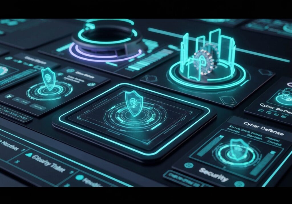 사이버 디펜스 대시보드 – 보안 방패와 자물쇠, 지문 인식 아이콘 등 다양한 보안 모듈 패널이 청록색 네온 조명으로 표시된 관제 인터페이스