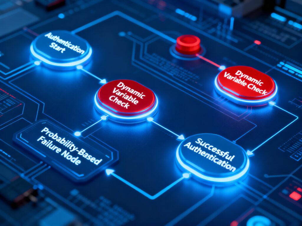동적 변수 인증 시스템 플로우차트 – 인증 시작부터 성공까지의 과정을 확률 기반 실패 노드와 동적 변수 검사 단계로 구성한 보안 프로세스 다이어그램