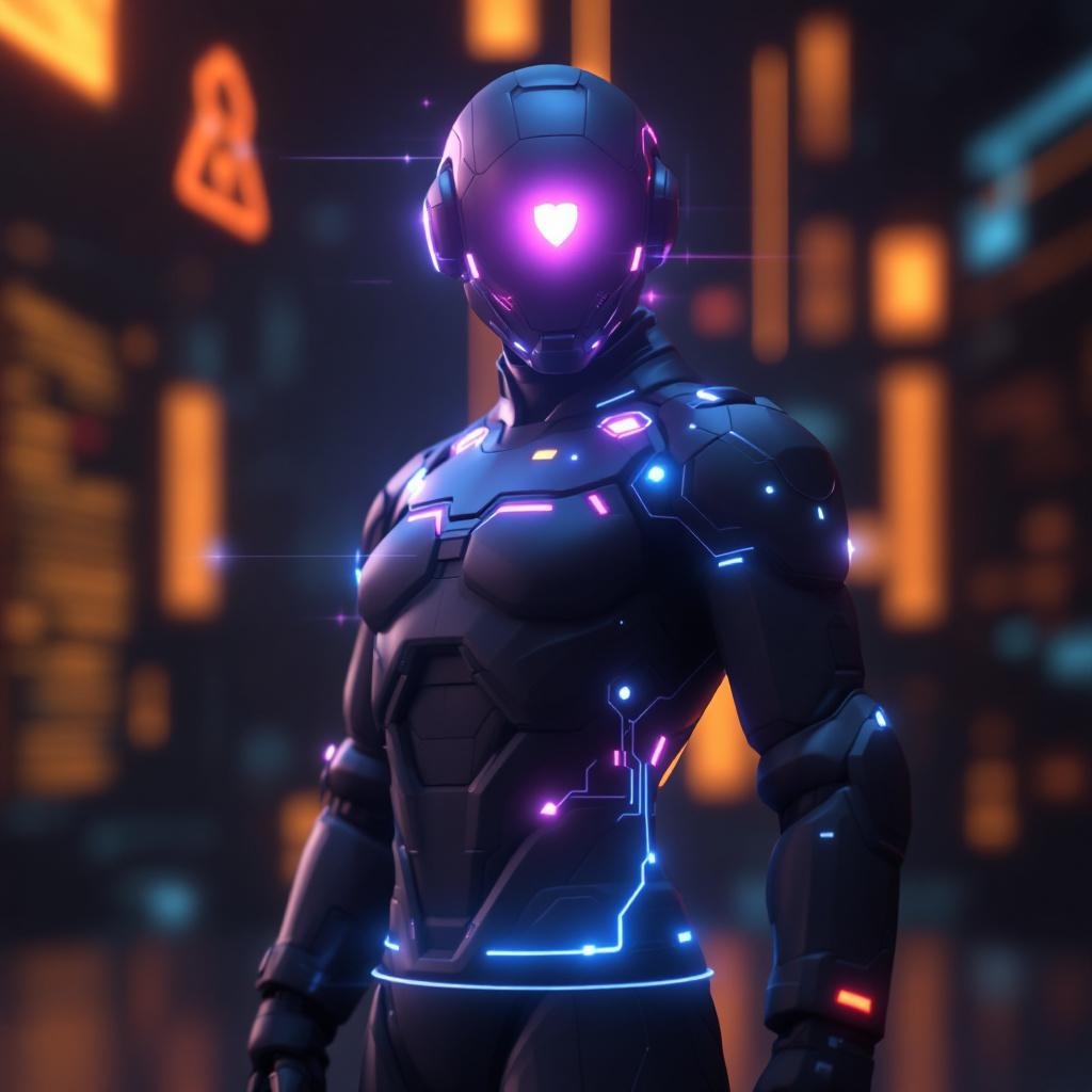 AI 보안 로봇 - 보라색 하트 형태의 페이스실드와 파란색 회로 조명이 있는 미래형 사이버 보안 휴머노이드 캐릭터