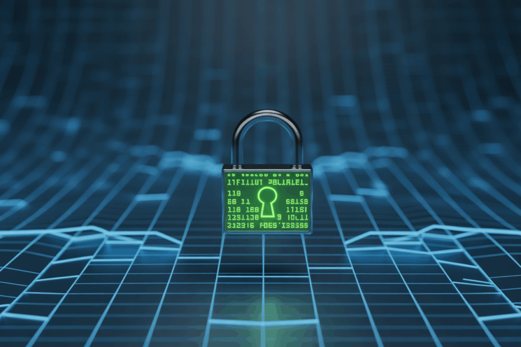 분산 네트워크 인프라 – 중앙의 빨간색 메인 서버와 녹색 연결선으로 이어진 다수의 노드들이 배치된 디지털 네트워크 도시 구조